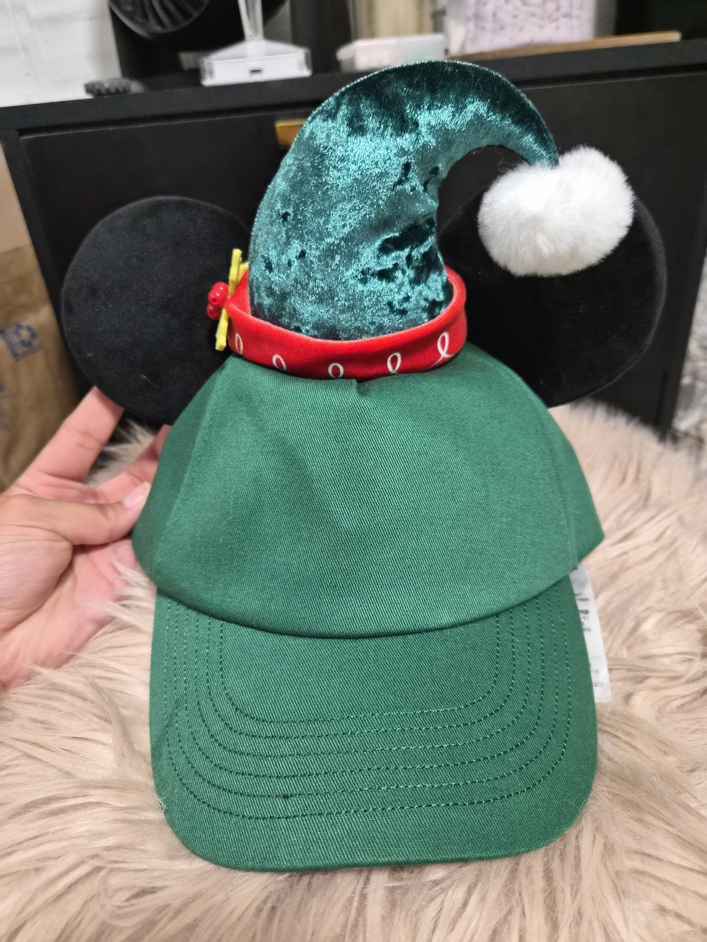 Disney Green Elf Mickey Ear Cap with Red Band and White Pom